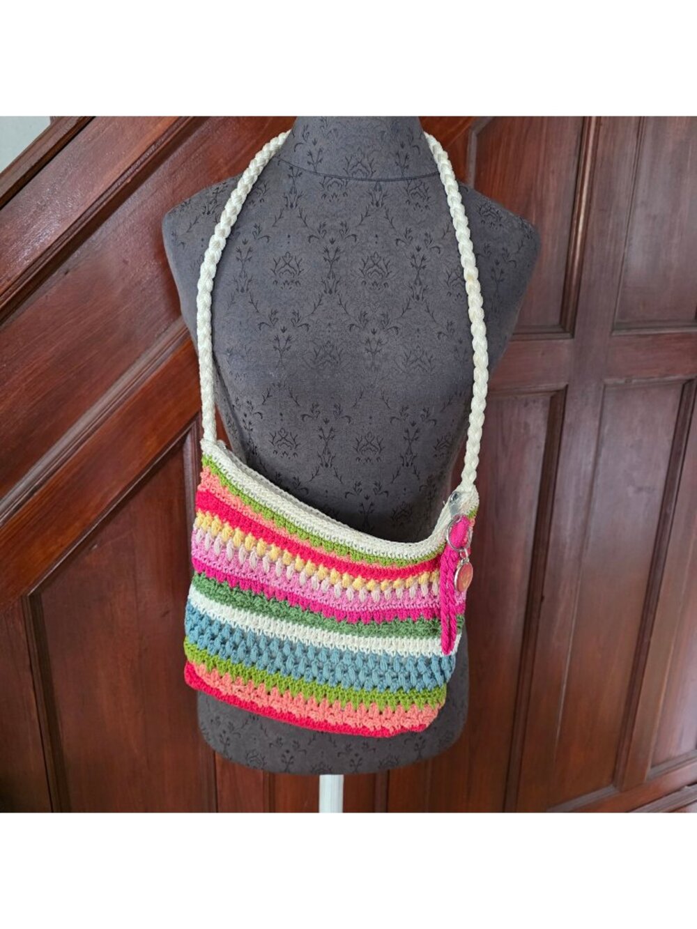 Lina Crochet Shoulder Bag With Multicolor Stripes & Braided Strap